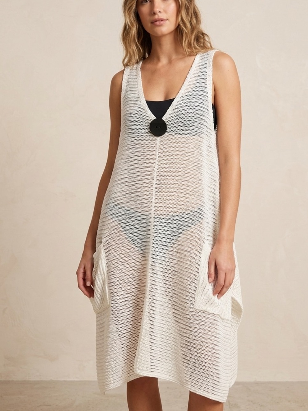 Women’s White Cream Micro Knit Swim Cover-Up‎ Dress One Size O/S